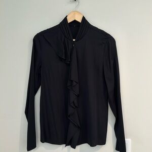 ElieTahari black blouse w/ front ruffle. Sz PT Small.